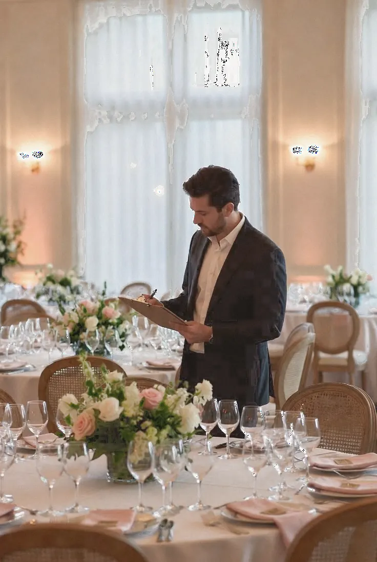 Planner Reviewing Details In A Wedding Reception Room