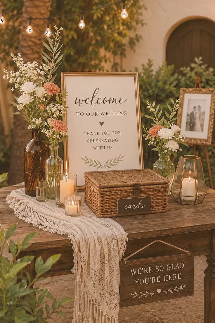 Wedding welcome table with flowers and candles